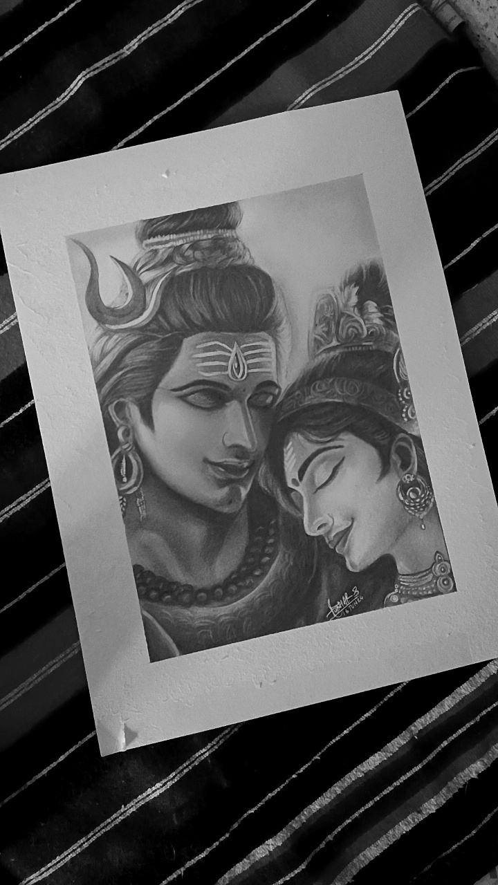 Pencil portrait of Goddess Saraswati with veena